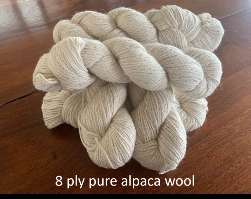 Tilly's 8-ply DK alpaca yarn skeins — natural off-white